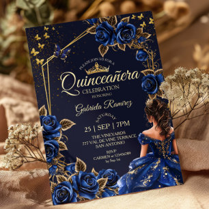 Navy Blauwe Gouden Rozen Vlinders Quinceañera Kaart