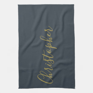 Navy Blauwe Gouden Schrift Naam Minimalistische Mo Theedoek