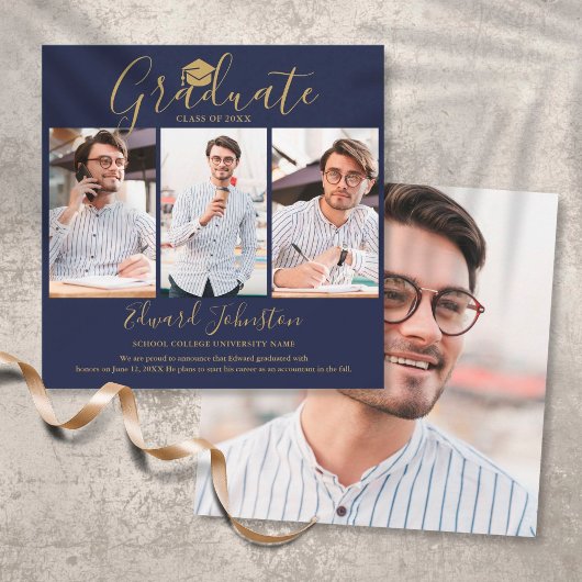 Navy Blauwe Gouden Script Afgestudeerde 4 Foto Afs Aankondiging
