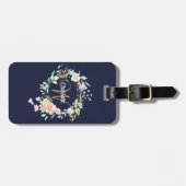 Navy Blauwe Gouden Script Monogram Bloemrozen Bagagelabel (Voorkant horizontaal)