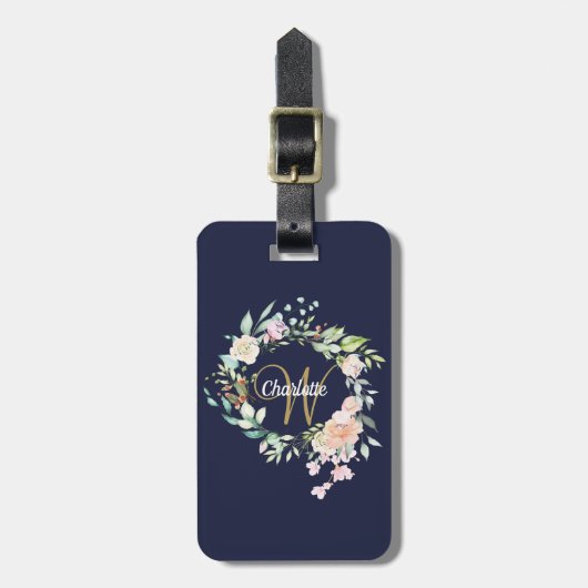 Navy Blauwe Gouden Script Monogram Bloemrozen Bagagelabel (Voorkant verticaal)