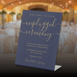 Navy Blauwe Gouden Signature Script Ongestopte Cer Reclamebord Met Voetstuk