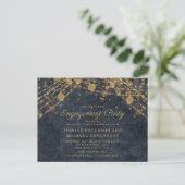 Navy Blauwe Gouden Slingerlichten Verloving Feest Briefkaart (Staand voorkant)