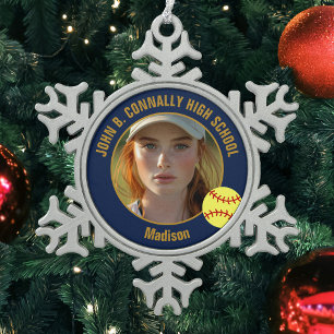 Navy Blauwe Gouden Softbalspeler Foto Middelbare S Tin Sneeuwvlok Ornament