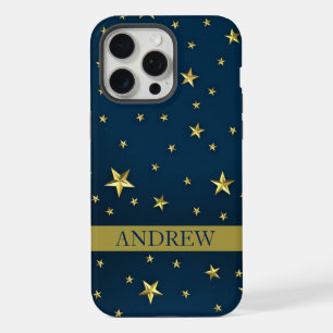 Navy Blauwe Gouden Sterren Gepersonaliseerde Naam iPhone 15 Pro Max Hoesje