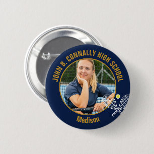 Navy Blauwe Gouden Tennisspeler Foto Hoge School Ronde Button 5,7 Cm