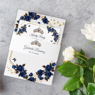 Navy Blauwe Gouden Tiara Quinceañera Uitnodigingen Wikkel