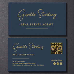 Navy Blauwe & Gouden Vastgoedmakelaar QR Code Visitekaartje
