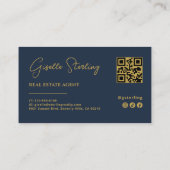 Navy Blauwe & Gouden Vastgoedmakelaar QR Code Visitekaartje (Achterkant)