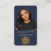 Navy Blauwe Gouden Visagist QR Code Luxe Schoonhei Visitekaartje (Voorkant)