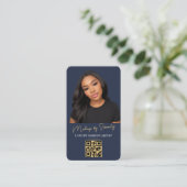 Navy Blauwe Gouden Visagist QR Code Luxe Schoonhei Visitekaartje (Staand voorkant)