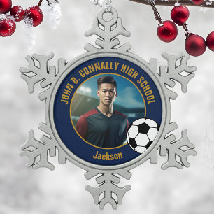 Navy Blauwe Gouden Voetbalspeler Foto Hoge School Tin Sneeuwvlok Ornament