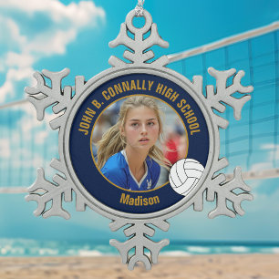 Navy Blauwe Gouden Volleybalspeler Foto Hoge Schoo Tin Sneeuwvlok Ornament