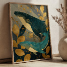 Navy Blauwe & Gouden Walvis Illustratie Kintsugi O