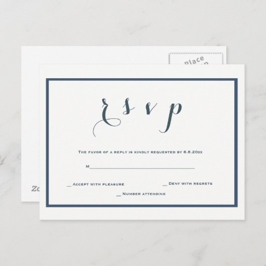 Navy blauwe grens bruiloft RSVP briefkaarten (Voorkant / Achterkant)