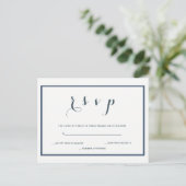 Navy blauwe grens bruiloft RSVP briefkaarten (Staand voorkant)