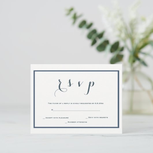Navy blauwe grens bruiloft RSVP briefkaarten (Staand voorkant)