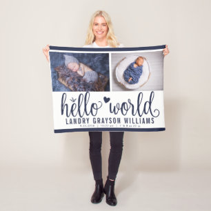 Navy Blauwe Hello World Monogram Baby Stat Fleece Deken