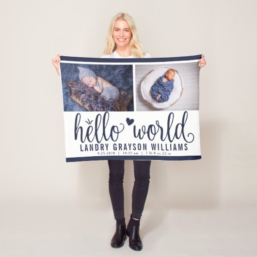 Navy Blauwe Hello World Monogram Baby Stat Fleece Deken (In situ)