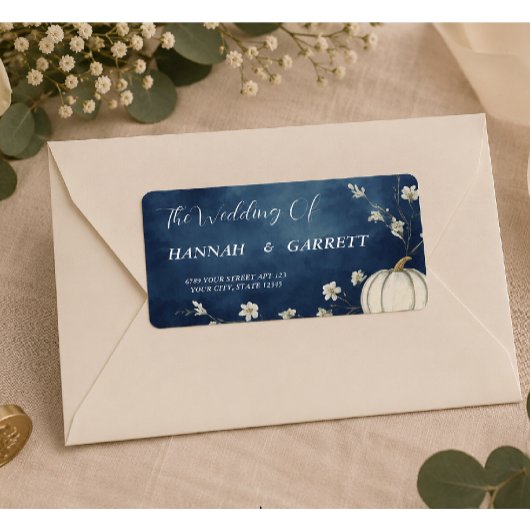 Navy Blauwe Herfst Pompoen Trouwadres Etiket