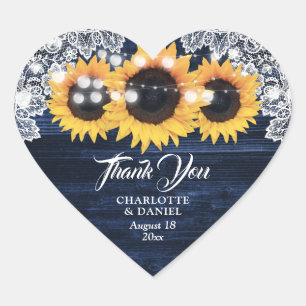 Navy Blauwe Houten Kant Sunflower Trouw Bruidsboek Hart Sticker