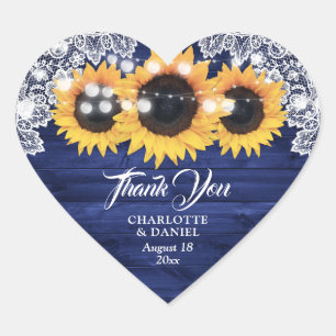Navy Blauwe Houten Kant Sunflower Trouw Dank Je Hart Sticker