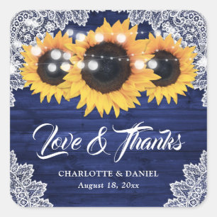 Navy Blauwe Houten Kant Sunflower Trouw Dank Je Vierkante Sticker