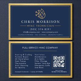 Navy Blauwe HVAC Contractor QR Code Goud Metaal Visitekaartje