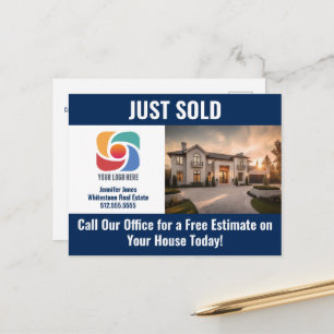 Navy Blauwe Just Sold Vastgoedbedrijf Logo Briefkaart