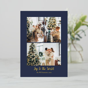 Navy Blauwe Kerstmis Familie Foto Collage Vreugde Folie Feestdagenkaart