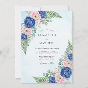 Navy Blauwe Klassieke Botanische Bruiloft Kaart