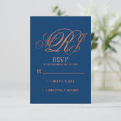 Navy Blauwe Koperen Elegante Monogram Trouw RSVP (Staand voorkant)
