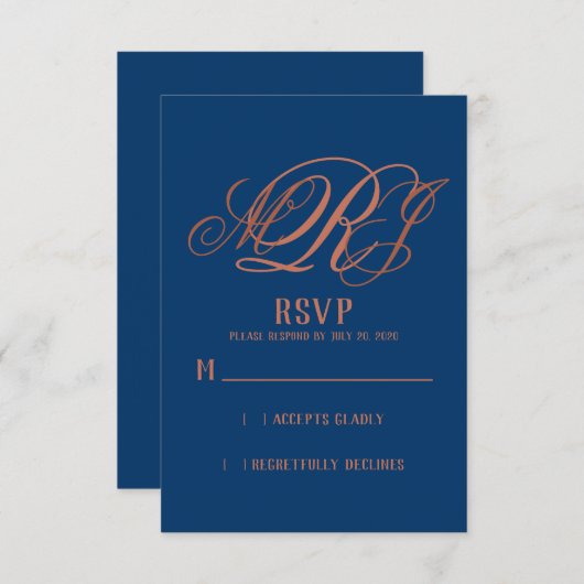 Navy Blauwe Koperen Elegante Monogram Trouw RSVP (Voorkant / Achterkant)