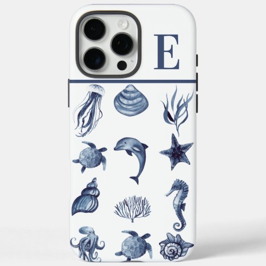 Navy Blauwe Kust Waterverf Aangepaste Initiaal Case-Mate iPhone Case (Achterkant)