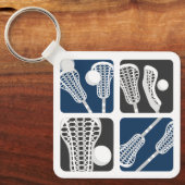 Navy Blauwe Lacrosse Blokken van Stokken en Ballen Sleutelhanger (Voorkant)