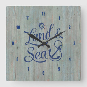 Navy Blauwe Land & Zee Nautical Anker Tekst Ontwer Vierkante Klok