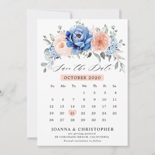 Navy Blauwe Leiste Stof Dusty Blush kalender Save The Date (Voorkant)