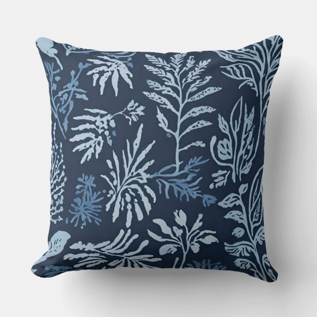Navy Blauwe Lichtblauwe Botanische Print Kussen (Voorkant)