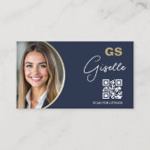 Navy Blauwe Luxe Makelaar QR Code Foto  Visitekaartje (Voorkant)