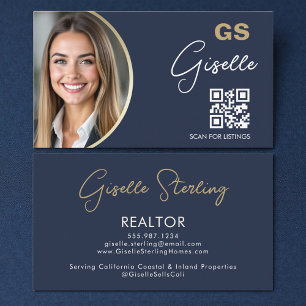 Navy Blauwe Luxe Makelaar QR Code Foto Visitekaartje