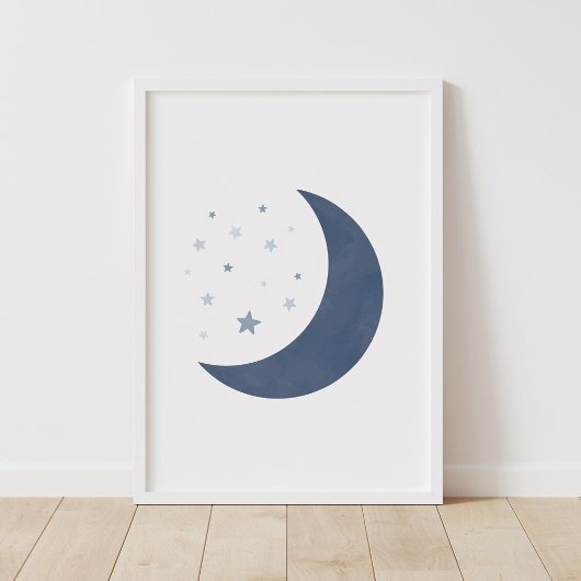 Navy Blauwe Maan en Sterren Jongens Nursery Poster