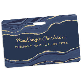 Navy Blauwe Marmer Agate Geode Gouden Zakelijke Na Badge
