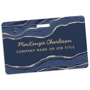 Navy Blauwe Marmer Agate Geode Gouden Zakelijke Na Badge