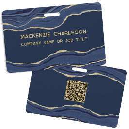 Navy Blauwe Marmer Agate Geode Zakelijke QR Code N Badge