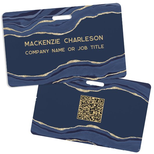 Navy Blauwe Marmer Agate Geode Zakelijke QR Code N Badge