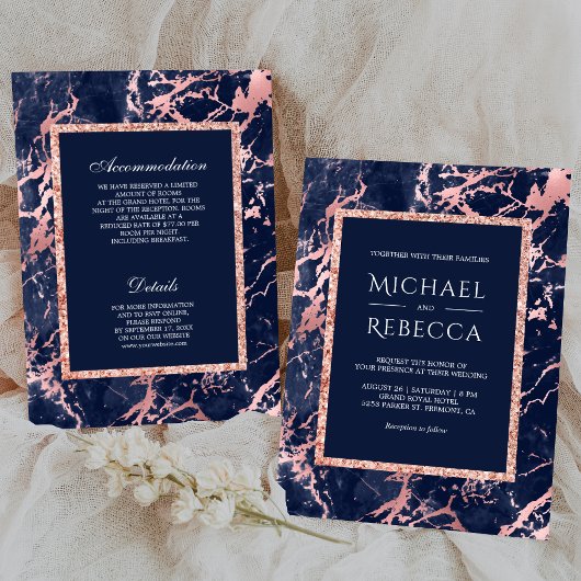Navy Blauwe Marmeren Roze Gouden All-in-One Trouwk Kaart