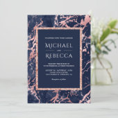 Navy Blauwe Marmeren Roze Gouden All-in-One Trouwk Kaart (Staand voorkant)