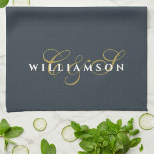 Navy Blauwe Monogram Goud Wit Minimalistische Kopp Theedoek