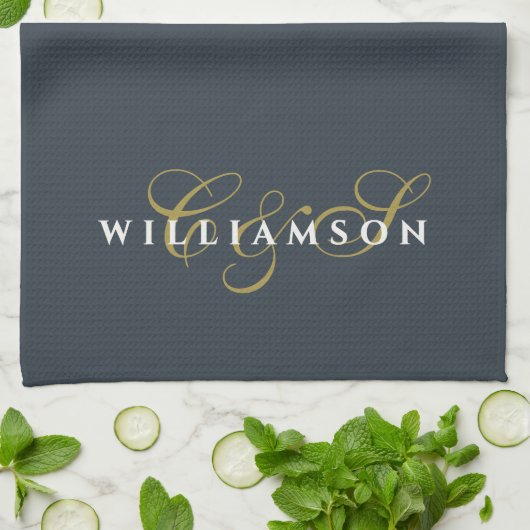 Navy Blauwe Monogram Goud Wit Minimalistische Kopp Theedoek (Gevouwen)
