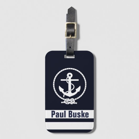 Navy Blauwe Nautilus Anker Monogram Bagagelabel (Voorkant (verticaal))